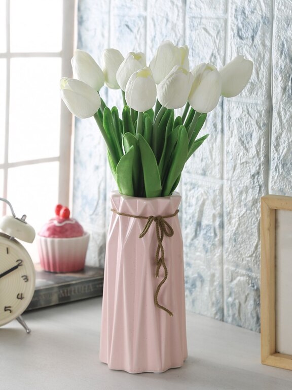 ARTIFICIAL DECORATIVE REAL TOUCH MINI TULIP FLOWER STICKS (33 CM, WHITE, SET OF 12) MSF8